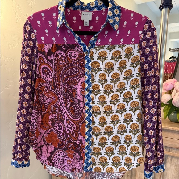 Anthropologie Maeve Patchwork Floral Paisley Button Down Blouse XS Boho - Picture 2 of 10